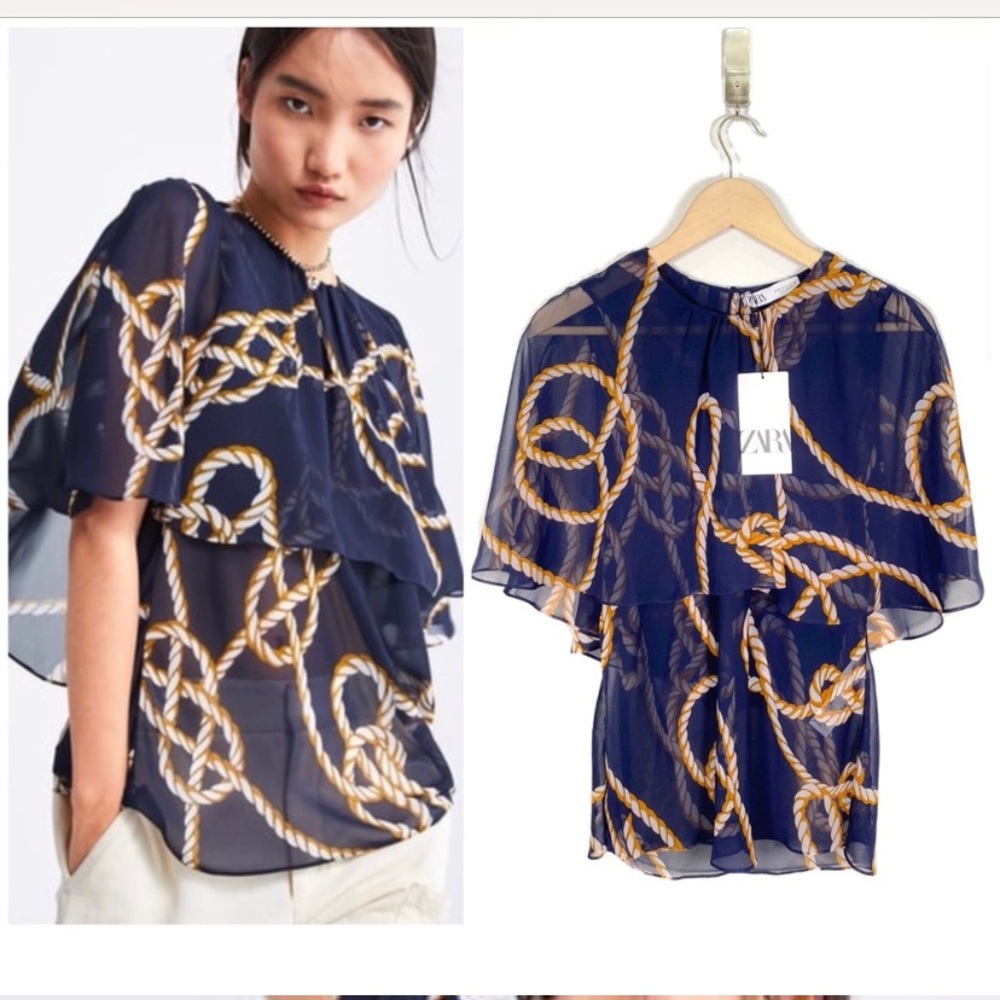 Zara Navy Blue Nautical Rope print Top